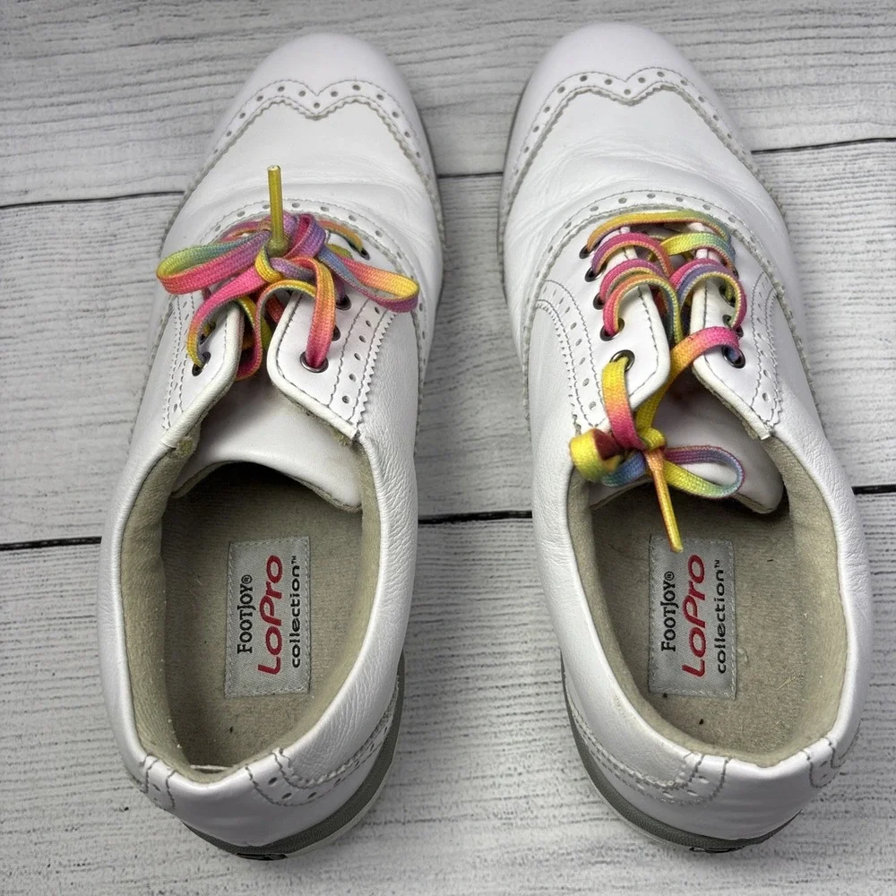 FootJoy LoPro Golf Shoes Comfort Wingtip White Leather Rainbow Laces Size 7.5M